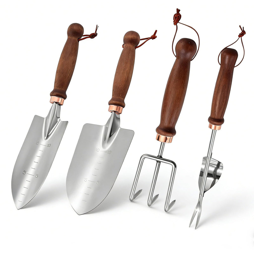 Zenrok Garden Tools, 4 Pack Garden Shovel with Wooden Handles Hand Tools with Transplanting Hand Shovel, Rake and Root Picker Ideal for Digging and Planting