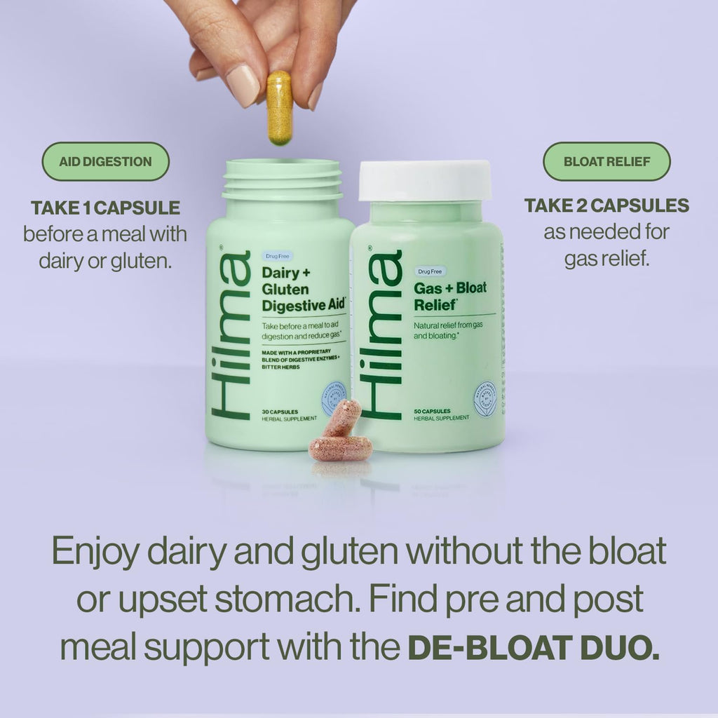 Hilma De-Bloat Bundle for Pre or Post Meal, Gas & Bloating Relief for Women (50 Vegan Capsules) with Lemon Balm & Peppermint Leaf, Digestive Enzymes for Women (30 Vegan Capsules) with Dandelion Root