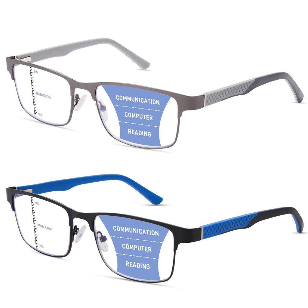 ZERPEET 2 Pack Men's Progressive Multifocal Reading Glasses,Rectangle Metal Frame with Spring Hinge Silicone Temple Blue Light Blocking Lenses Computer Readers Anti Eyestrain,2.5x