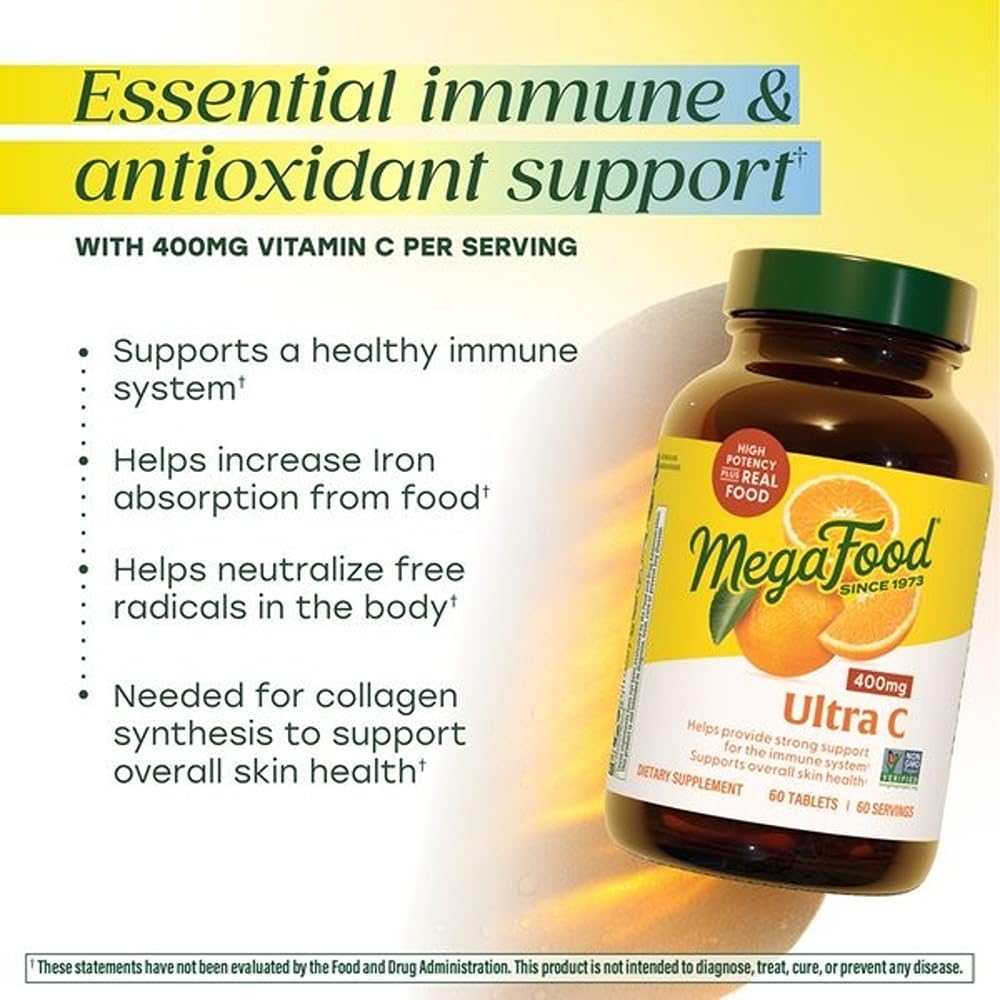 MegaFood Ultra C 400 mg - Vegan Vitamin C Immune Support Supplement, Vitamin C Supplement Made with Real Food Including Broccoli, Carrot, Cranberry & Brown Rice - 60 Tablets, 60 Servings