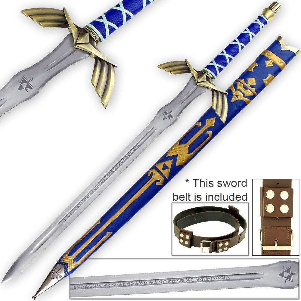 FULL TANG Carbon Steel Master Sword SHARPENED Skyward Limited Edition Deluxe w Belt, 14-Blue-BRB