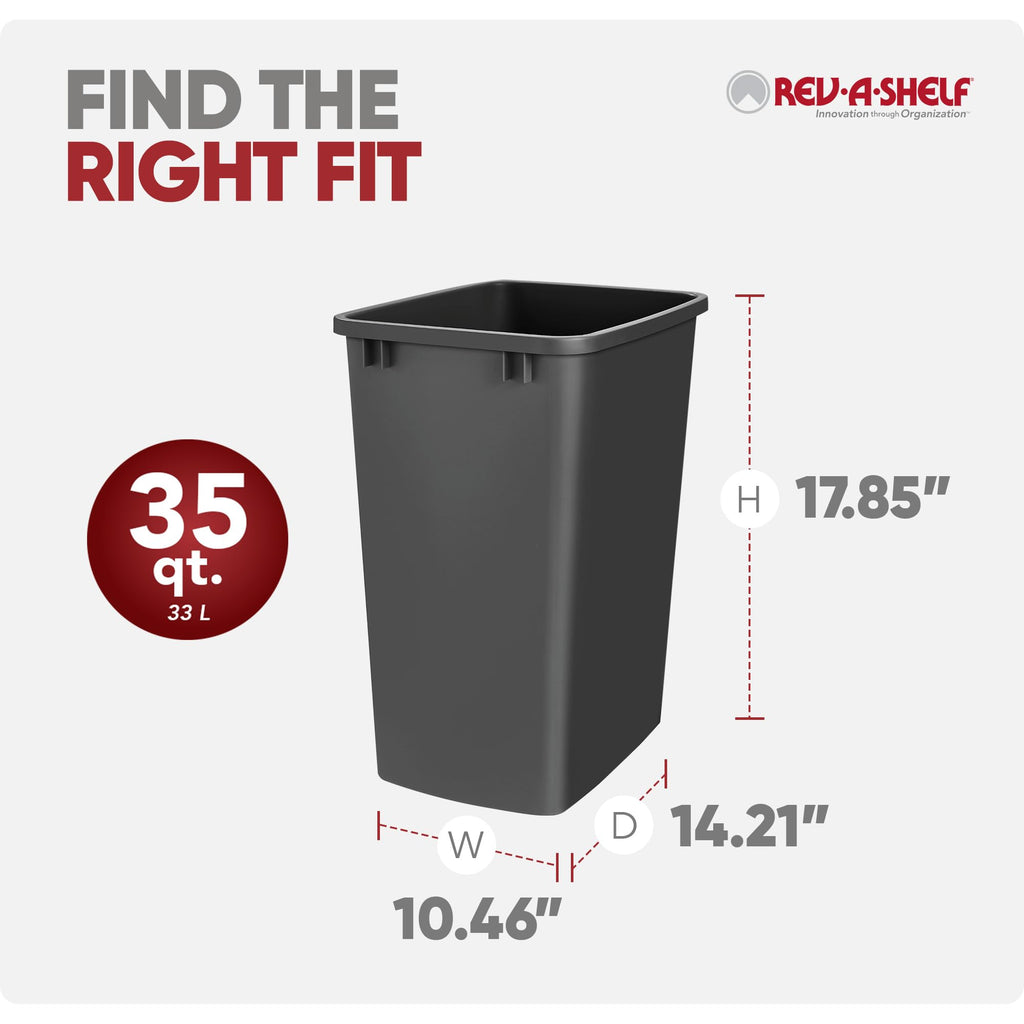 Rev-A-Shelf 2-Pack 35 Quart Polymer Replacement Trash Bin, Recycle Waste Garbage Container for Kitchen Cabinet Pullouts, Black, RV-35-18-2 - Large Plastic Bins for Home and Office