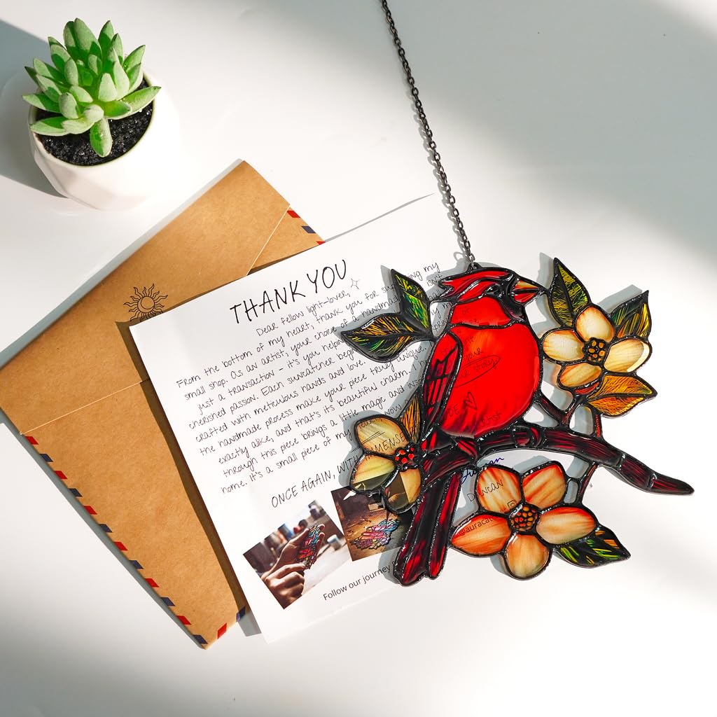 GIKZO Cardinal Resin Suncatcher Size 6 Inches, Boho Stained Glass Effect Memorial Window Hanging Garden Decor, Gift for Mother's Day Mom Grandma Wife Women
