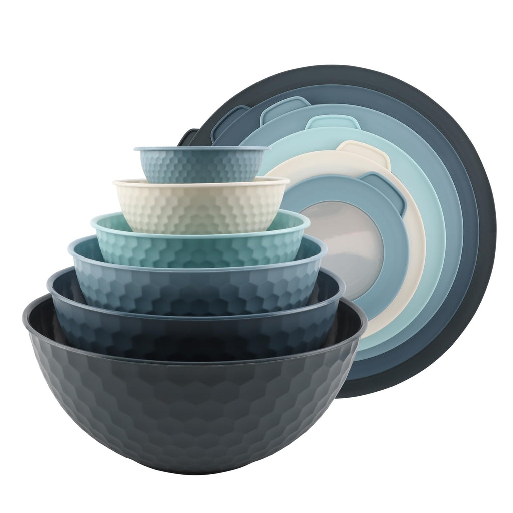 COOK WITH COLOR Mixing Bowls with Lids - 12 Piece Plastic Nesting Bowls Set includes 6 Prep Bowls and 6 Lids, Non Slip Bottom and Embossed Design - Microwave Safe (Blue)