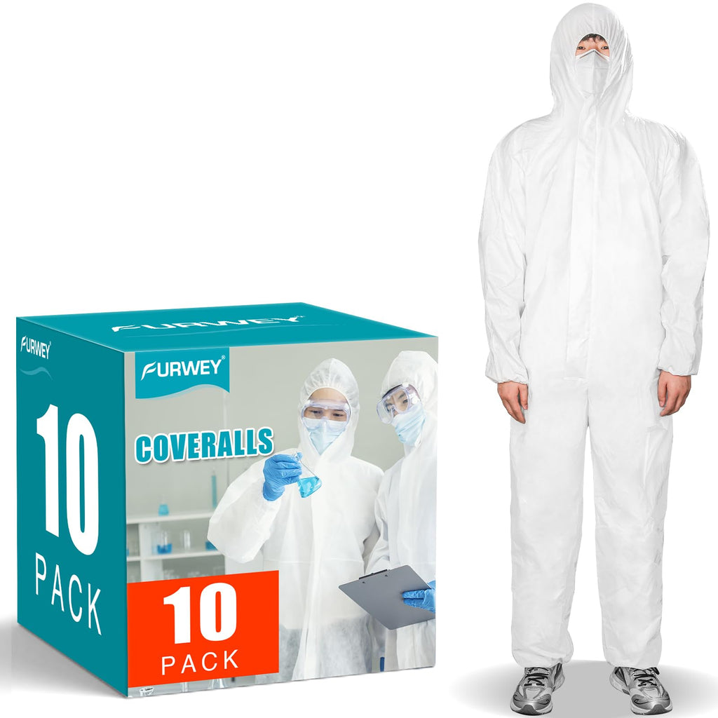 FURWEY Hazmat Suits 10 Pack Disposable Protective Coveralls, Heavy Duty Full Body Painters Suit for Men & Women with Elastic Wrists, Ankles and Hood, Available in 4 sizes-Large