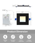 Adetu 4 inch Square Led Recessed Lighting Black,5CCT Ultra Thin Square Led Ceiling Light with Junction Box, 2700K/3000K/3500K/4000K/5000K Selectable,Dimmable,ETL and Energy Star Certified
