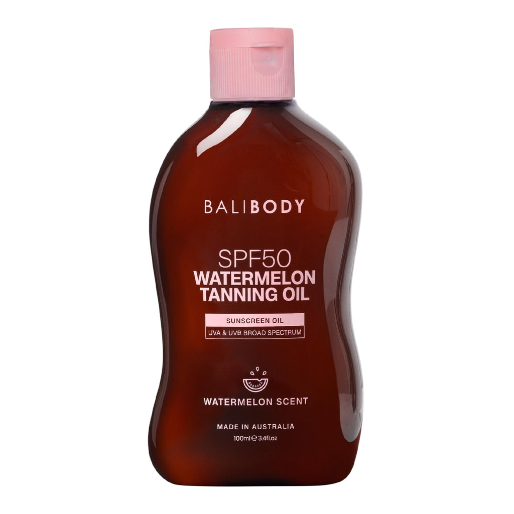 Bali Body Watermelon Tanning Oil SPF50 – Tanning Oil with SPF for Dark Glow Skin, Fast-Absorbing, Non-Greasy Formula, Hydrating, Travel Size, Cruelty-Free, Vegan Australian Made (100ml/3.4floz)