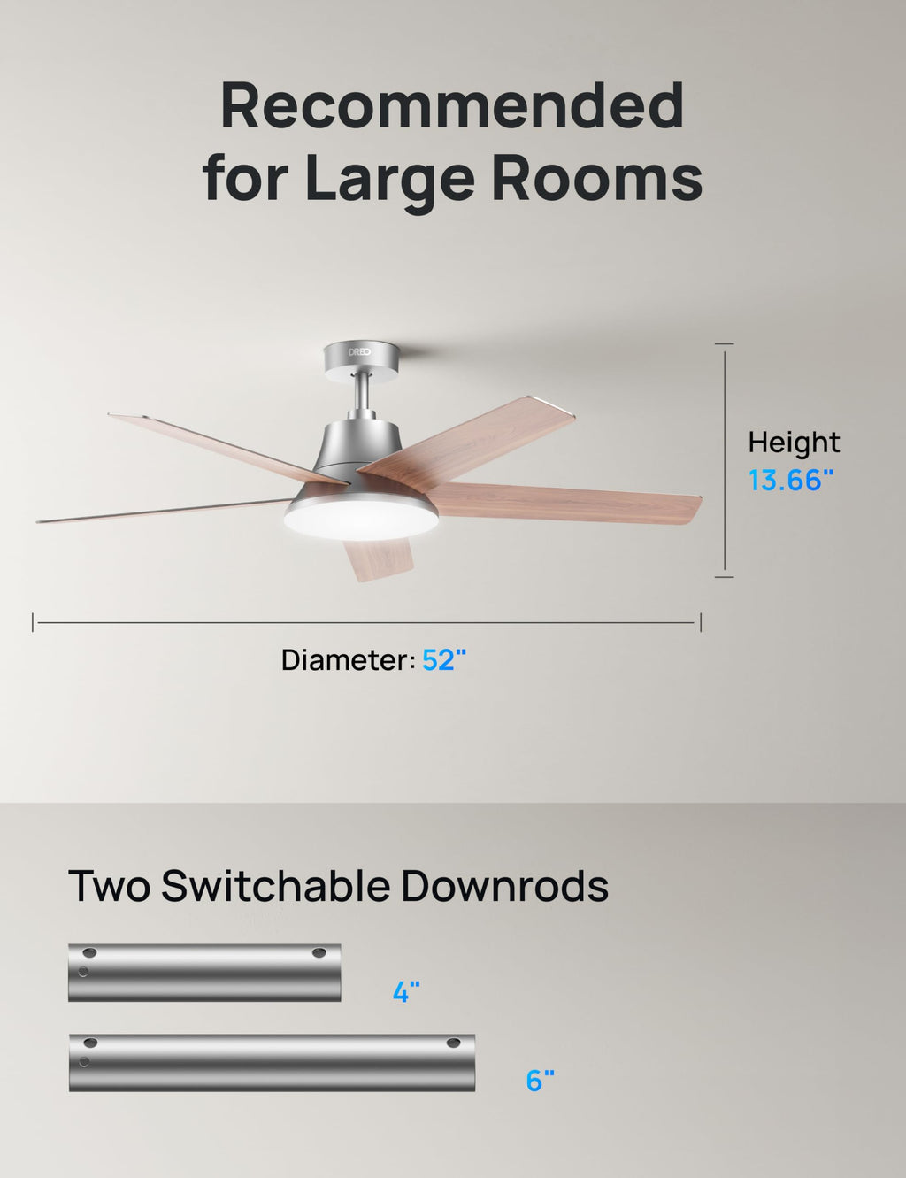 DREO Smart Ceiling Fan with Lights, 52 Inch, 12 Speeds & 3 Fan Modes, Stepless Color Tones, Dimmable LED Light, 12H Timer, Quiet DC Motor, Remote/APP/Alexa Control, Silver Ceiling Fans Indoor