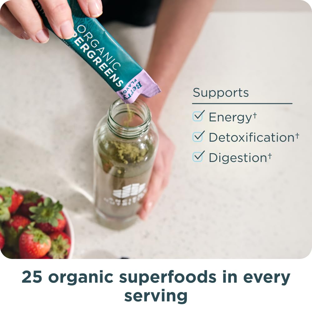 Ancient Nutrition SuperGreens Powder with Probiotics, Organic Berry Flavor Greens, Made from Real Fruits, Vegetables and Herbs, Digestive and Energy Support, 16 Stick Packs, 4.2oz