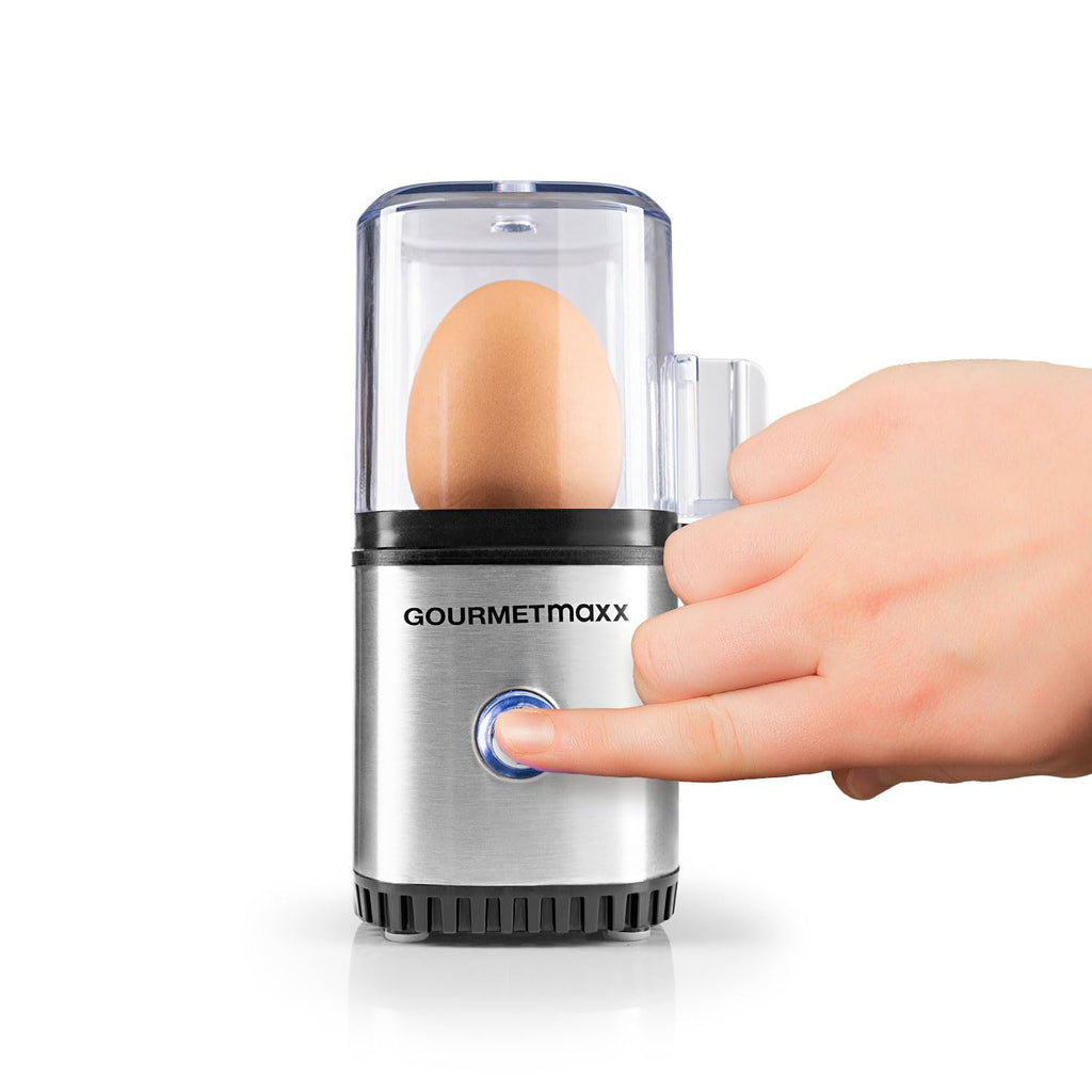 GOURMETmaxx Egg Cooker for 1 Egg | Energy Saving Electric Egg Cooker for Perfect Breakfast Eggs | With Measuring Bowl & Egg Pick | Compact Design & BPA Free [Stainless Steel]