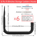 Naikozmo Garage Storage Ladders Hooks, 6 Pack Heavy Duty Utility Hanger, 9.8IN Wall Mount Rack Safely Holds 50 Pounds