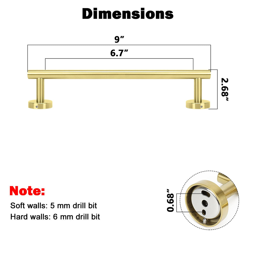 NearMoon Bath Towel Bar, Thicken Stainless Steel Shower Towel Rack Holder Wall Mounted for Bathroom, 9-lnch Overall Length-7-lnch Usable Hanging Space (1 Pack, Brushed Gold)