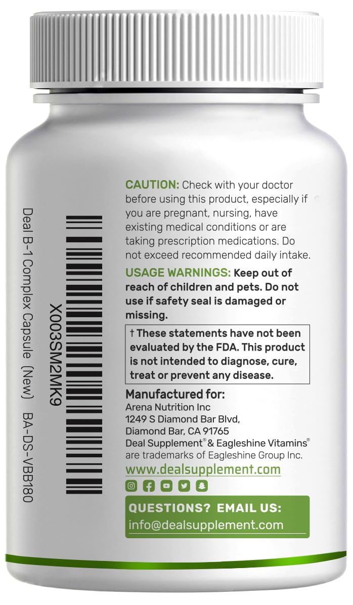 DEAL SUPPLEMENT Vitamin B1 500mg with Benfotiamine, 240 Capsules – 2 in 1 Enhanced Formula – Fat & Water Soluble Thiamine B1 Supplement – Third Party Tested, Non-GMO, No Gluten