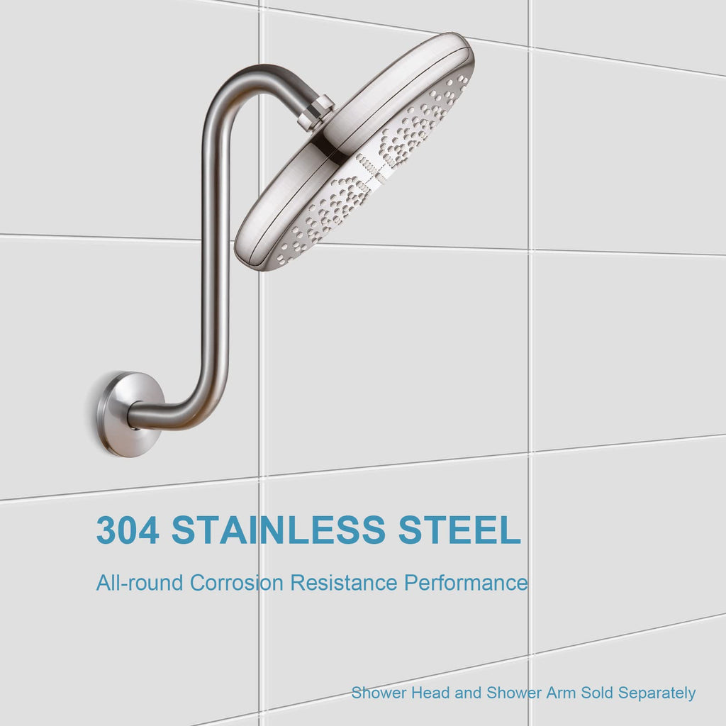 OFFO Shower Head Extension Arm 10 in, Brushed Nickel S Shaped Shower Arm with Flange High Rise Goose Neck Shower Arm Extension