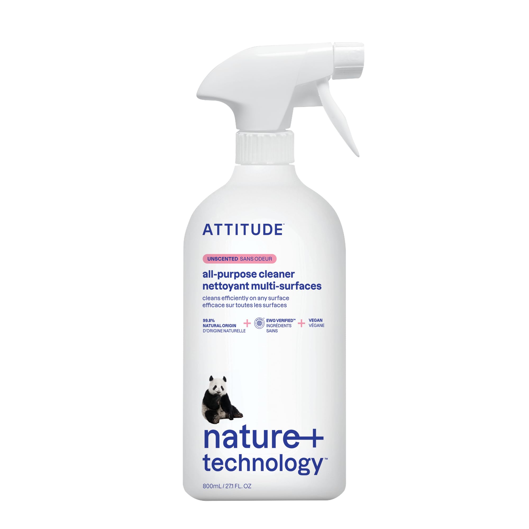 ATTITUDE All Purpose Cleaner Spray, EWG Verified, Vegan, Made with 94% Plant-Based Ingredients, Streak-Free for Kitchen, Bathroom, Glass & More, Unscented, 27.1 Fl Oz