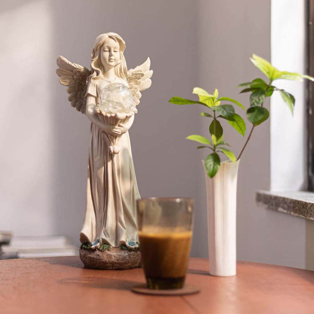 Garden Angels Outdoor Statue, Solar Angel with Crackled Glass Globe