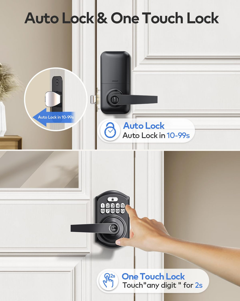 TEEHO TE004 Keyless Entry Keypad Door Lock with Handle - Smart Digital Electronic Lock for Interior Door with Anti-Peeping, Auto Lock & Passage Mode - Easy Installation - Matte Black