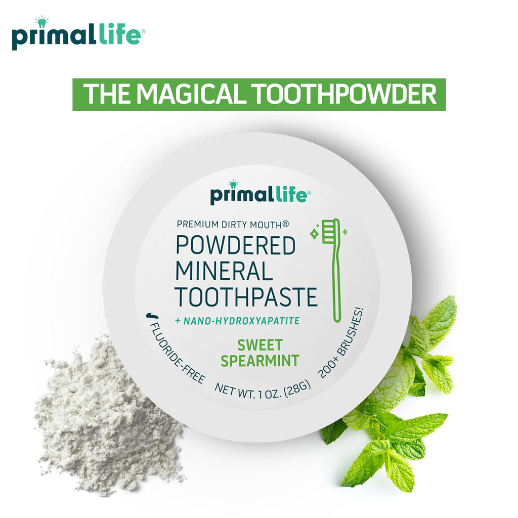 Primal Life Organics - Dirty Mouth Toothpowder, Tooth Cleaning Powder, Flavored Essential Oils with Natural Kaolin & Bentonite Clay, Good for 200+ Brushings, Organic, Vegan (Sweet Spearmint, 1 oz)