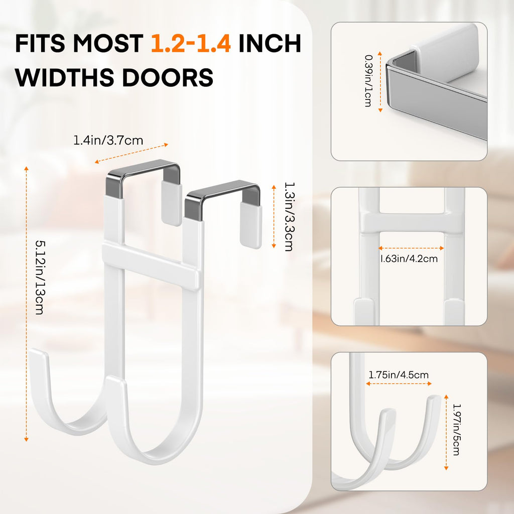 FYY Over the Door Hooks, Double-Hanger 2 Pack, Fits Doors 1 3/8" White