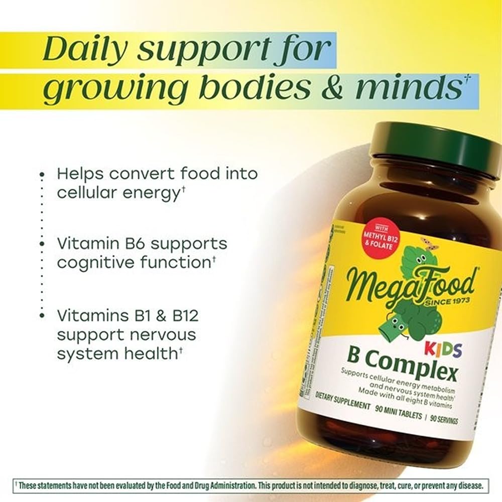 MegaFood Kids Vitamin B Complex – with Vitamin B12 & B6, Folate, Biotin, Zinc, Lemon Balm, L Theanine & More, Supports Cellular Energy Metabolism, Vegetarian, Gluten Free – 90 Mini Tablets