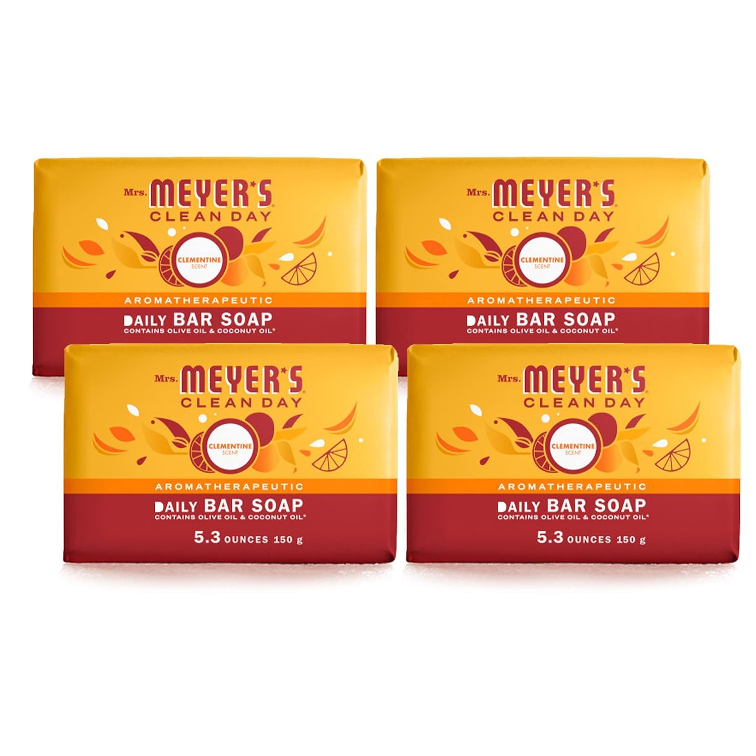 MRS. MEYER'S CLEAN DAY Bar Soap, Use as Body Wash or Hand Soap, Made with Essential Oils, Clementine_, 5.3 oz, 4 Bars