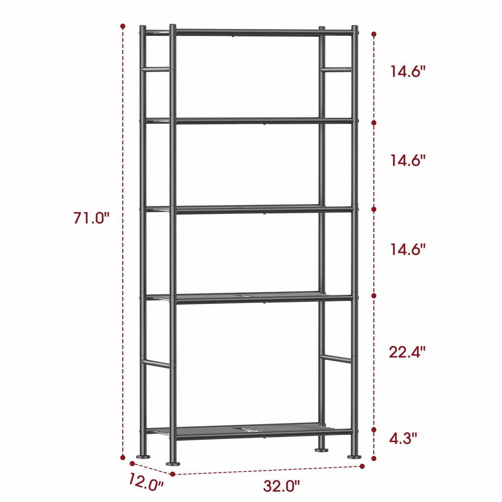 Sakugi Storage Shelves - 5 Tier Shelf Organizer, Sturdy Metal Garage Shelving with Adjustable Leveling Feet, Space-Saving Shelves Organizer for Pantry, Laundry, Kitchen (32" x 12" x 71", Black)