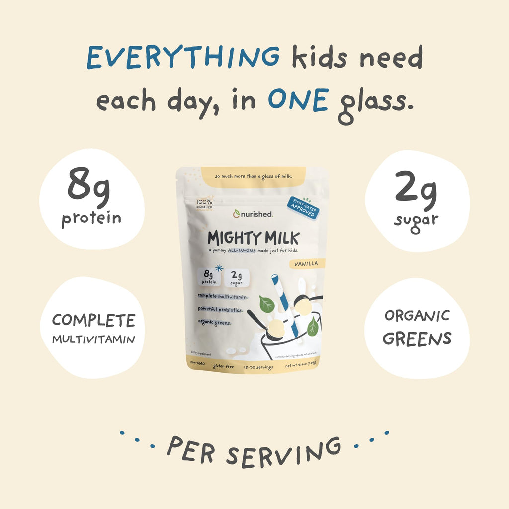 Nurished Vanilla Mighty Milk - Kids All-in-One Daily Protein Powder & Multivitamin Boosted with 2 Billion Probiotics & Organic Spinach - Natural Flavors, Colors & Sweeteners - 15-30 Servings