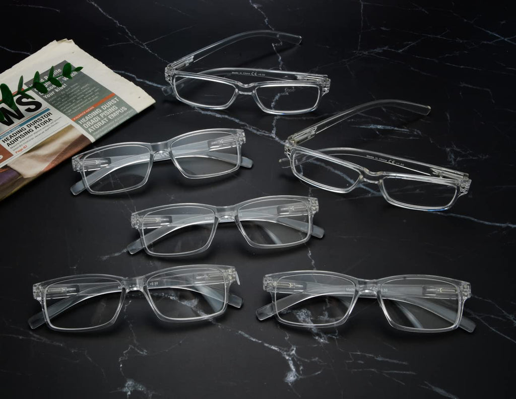LUR READING GLASSES 6 Pack Spring Hinge Comfort Plastic Readers (Clear)