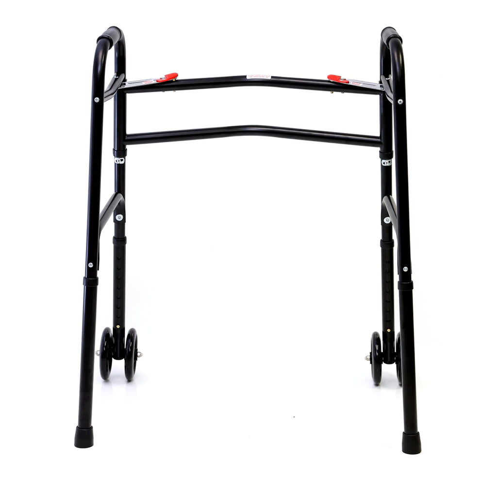 AireMed Bariatric Walker with 5" Wheels – Folding Walker Skis Glides Included - Extra Wide 600 lb Capacity - Adjustable Height - Sturdy Black Steel Frame - Ideal for Seniors and Mobility Support