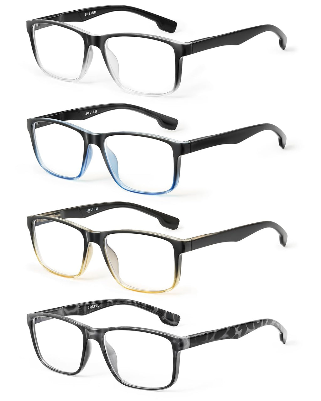 JOLISU 4 Pack Reading Glasses Men Blue Light Blocking with Spring Hinge, Anti Eyestrain/UV Large Wide Square Computer Readers (1.00)