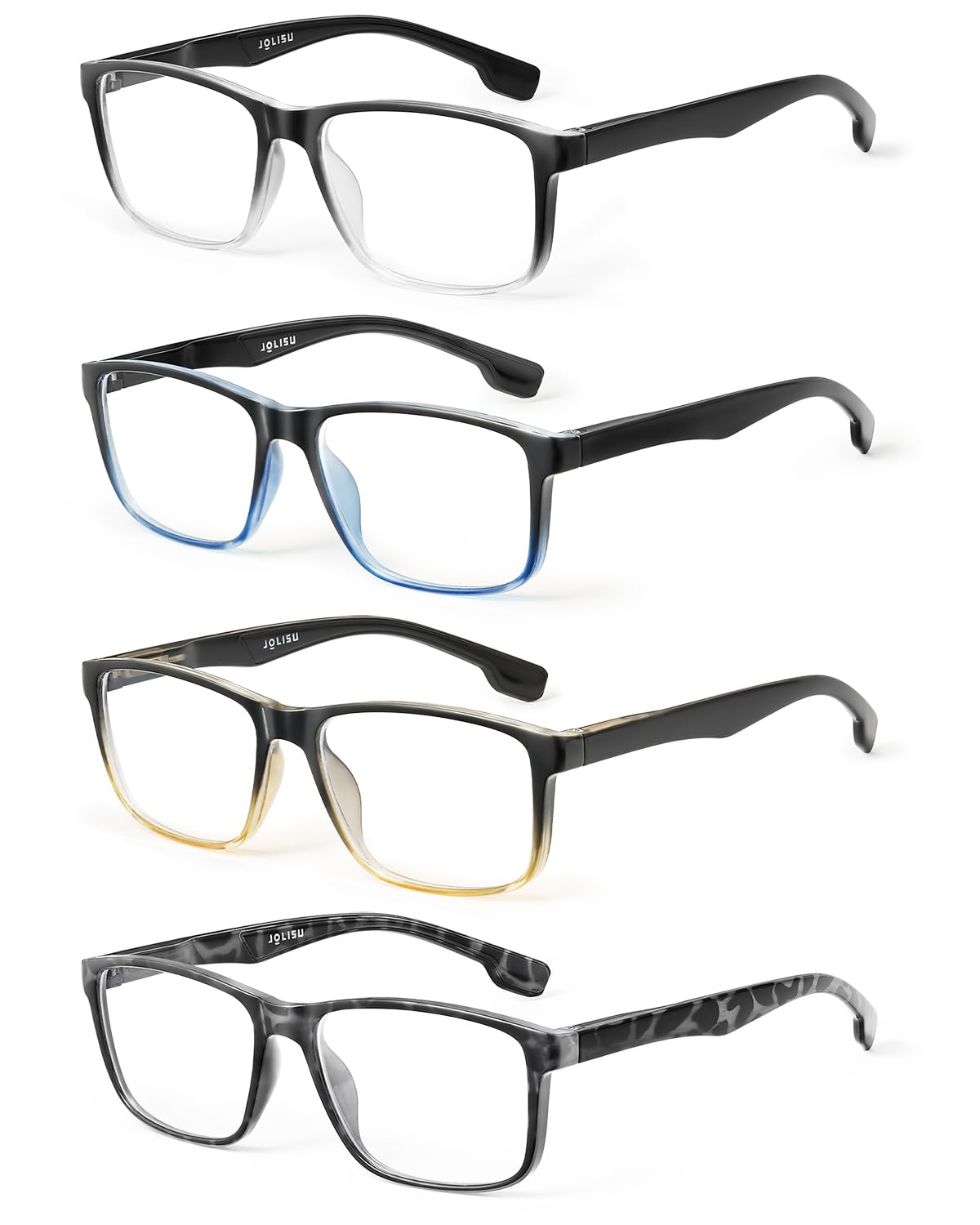 JOLISU 4 Pack Reading Glasses Men Blue Light Blocking with Spring Hinge, Anti Eyestrain/UV Large Wide Square Computer Readers (1.00)