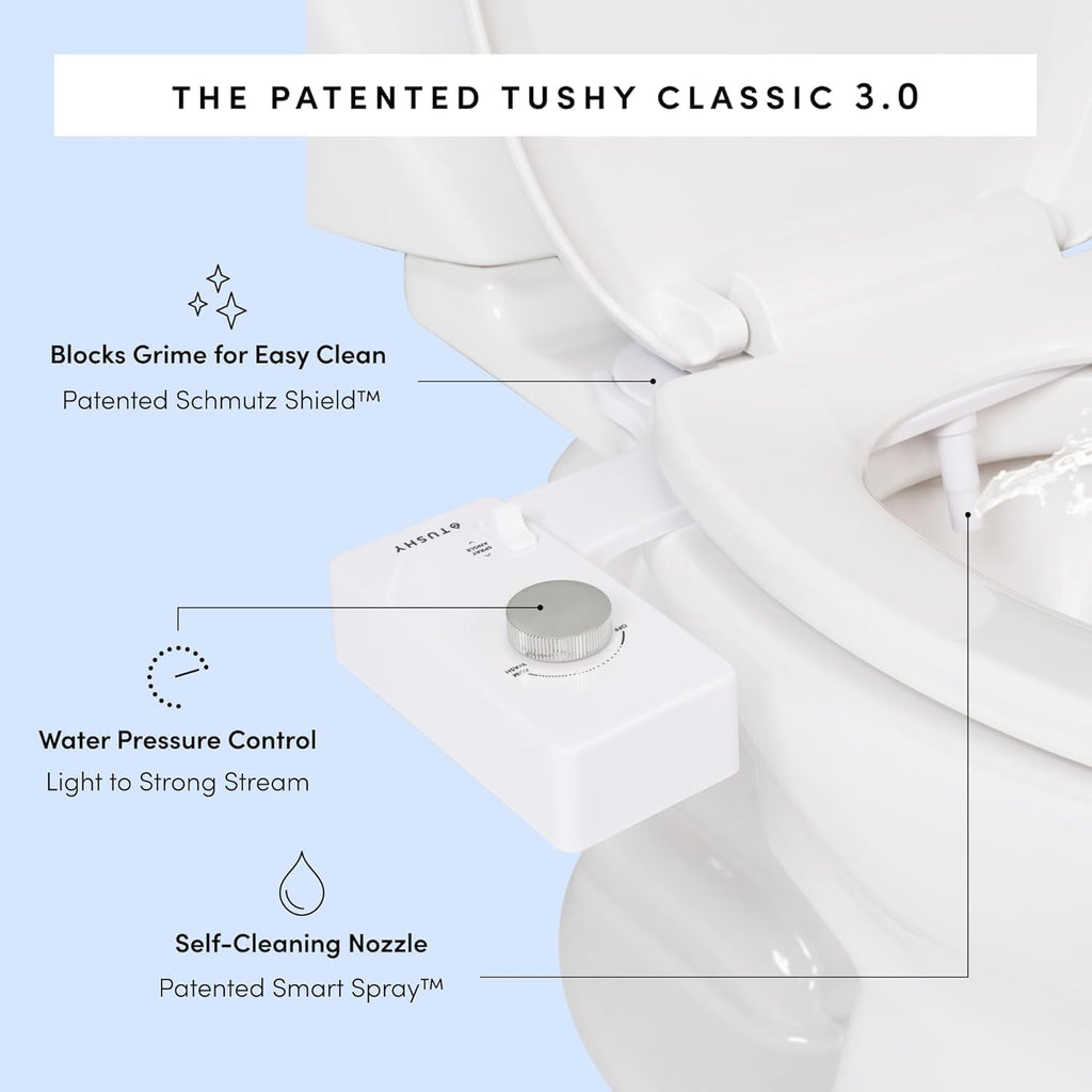 TUSHY Classic 3.0 Bidet Toilet Seat Attachment - a Non-Electric Self Cleaning Water Sprayer with Adjustable Water Pressure Nozzle, Angle Control & Easy Home Installation (White/Matte Black)