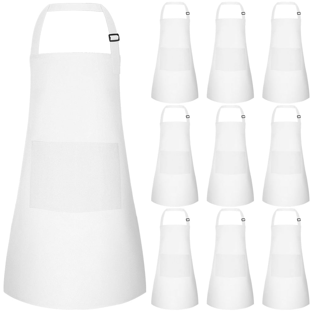 Bouiexye 10 Pack Kids Apron Adjustable Children Apron with 2 Pockets Children Chef Painting Aprons for Cooking Baking Painting Crafts Making (White)