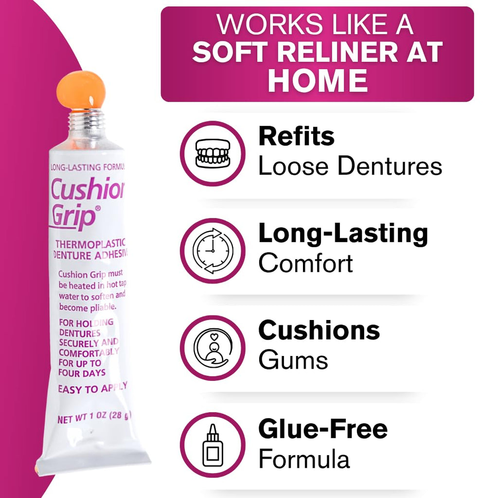 Cushion Grip Thermoplastic Denture Adhesive – Refits & Tightens Loose Dentures, Works Like a Denture Reliner for a Long-Lasting, Secure Fit & Comfort, Cushions Gums, Waterproof & Zinc-Free - 1 oz
