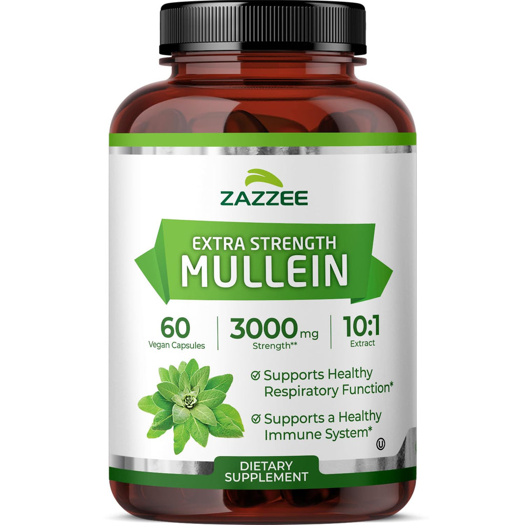 Zazzee Extra Strength Mullein 10:1 Extract, 3000 mg Strength, 60 Vegan Capsules, 2 Month Supply, Certified Kosher, Lung and Respiratory Support, 100% Pure Leaf Powder, Non-GMO, Made in The USA