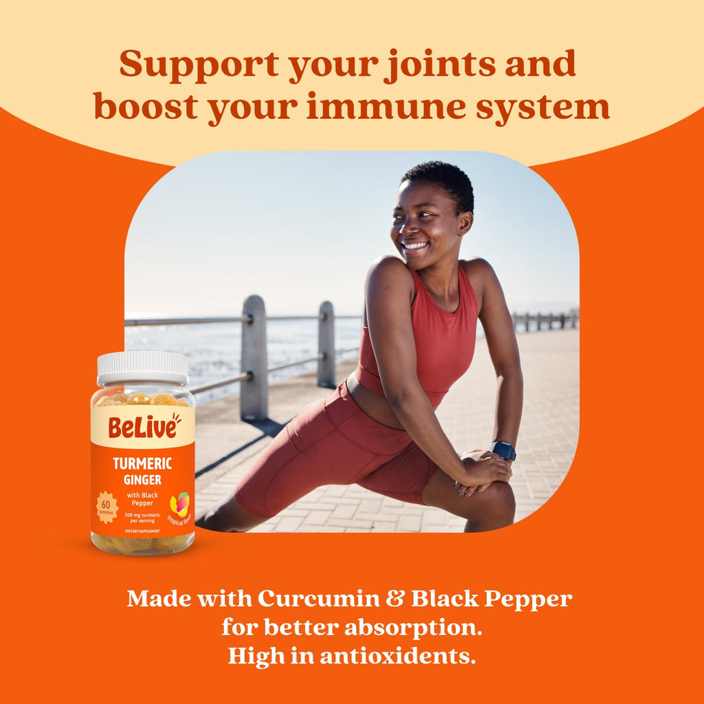 BeLive Turmeric Gummies - Curcumin with Black Pepper & Ginger Extract - 500 mg of Turmeric and Ginger Supplement for Immune Support, Healthy Skin, and Mobility - Tropical Flavor | 60 Count