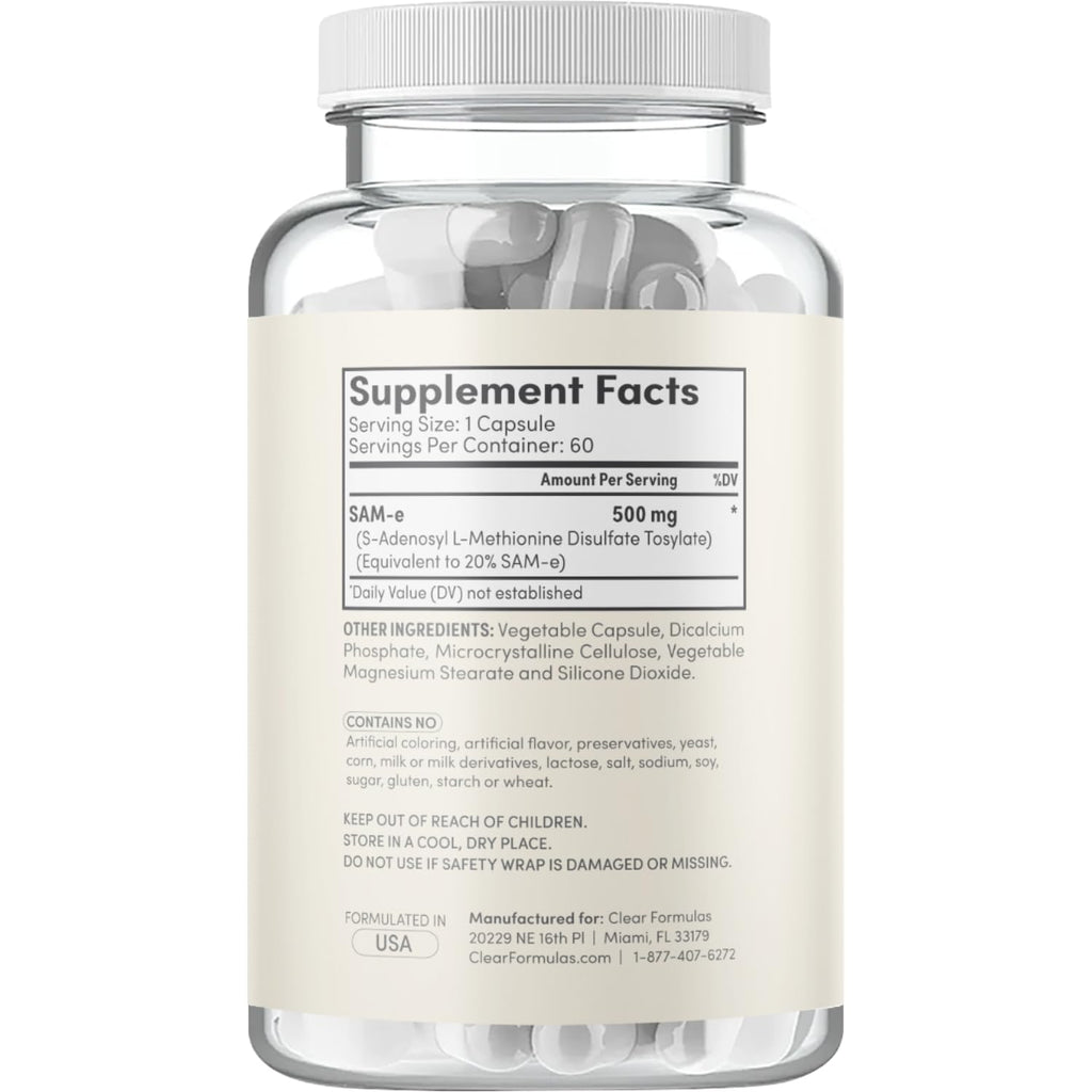 Clear Formulas Bioactive SAM-e 500mg - High Strength SAM-e Supplement with Biologically Active S,S Form for Liver and Mood Support - Vegan Non-GMO Preservative Free - Made in the US (60 Servings)