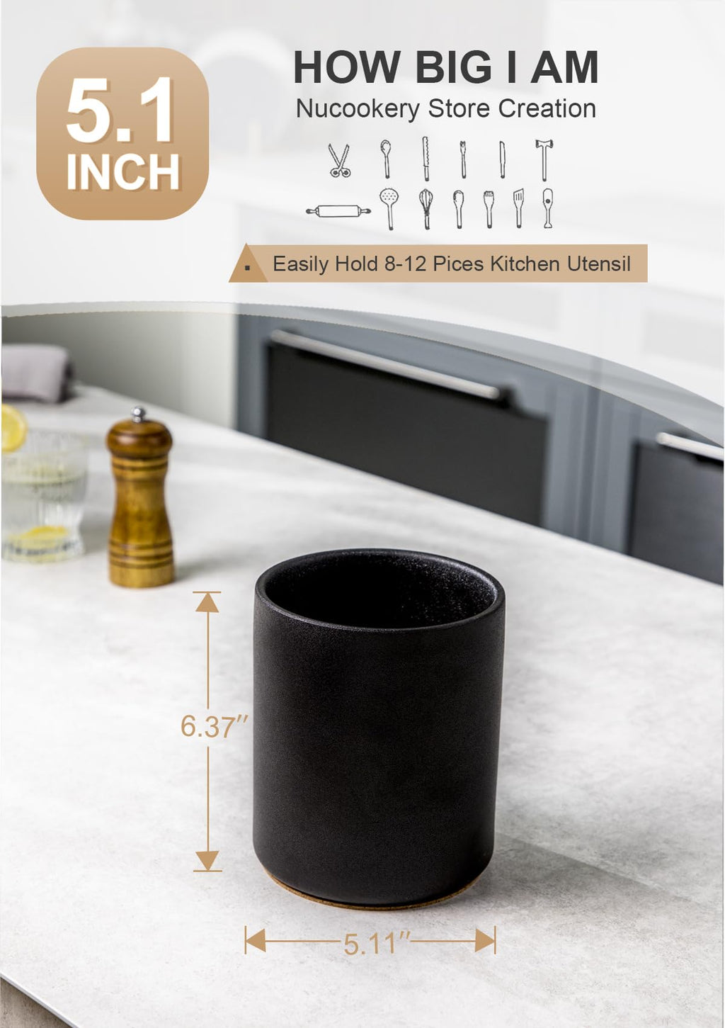 Nucookery Ceramic Kitchen Utensil Holder for Countertop, 6.4" Stone Black