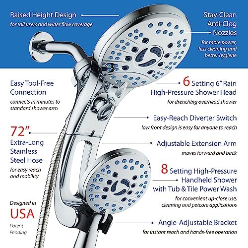 Hotel Spa AquaCare As-Seen-On-TV High Pressure Handheld/Rain 50-mode 3-way Shower Head Combo with Adjustable Arm - Anti-clog Nozzles, Tub & Pet Power Wash, 6 ft. Hose, All Chrome Finish