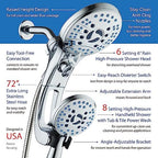 Hotel Spa AquaCare As-Seen-On-TV High Pressure Handheld/Rain 50-mode 3-way Shower Head Combo with Adjustable Arm - Anti-clog Nozzles, Tub & Pet Power Wash, 6 ft. Hose, All Chrome Finish