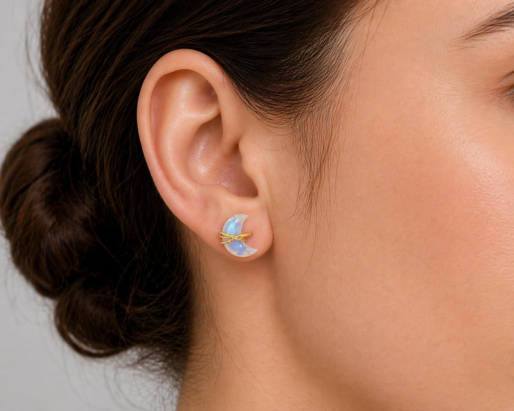 Gempires Rainbow Moonstone Half Moon Stud Earrings for Women