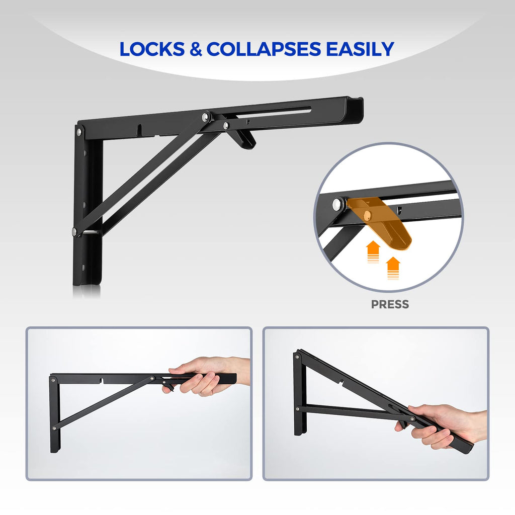 Ravinte 2 Pack 16 Inch Folding Shelf Brackets – Matte Black, Heavy Duty Collapsible Brackets for Tables and Benches – Space-Saving Design