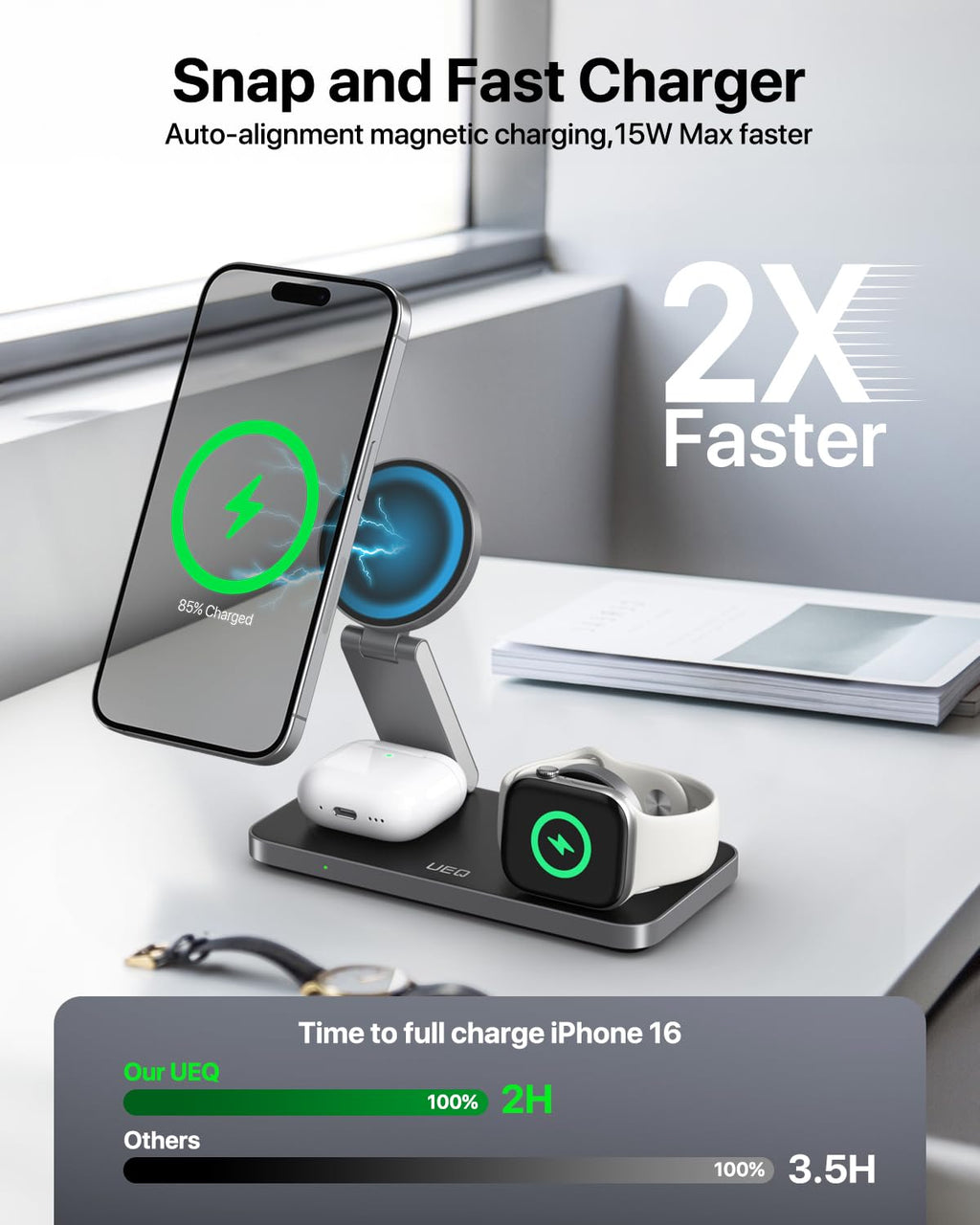 UEQ Foldable 3 in 1 Wireless Charging Station for Apple Magsafe Charger Stand,Fast Magnetic Wireless Charger Station for iPhone 18 Pro Max 17 Air 16 15 14 13 12 Series,Apple Watch,AirPods(Pure Black)
