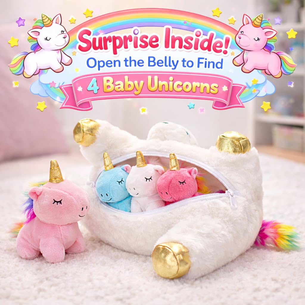 KMUYSL Mommy Plush Toys with 4 Babies, Stuffed Animal for Kids, Unicorn