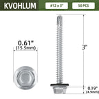 #12 x 3 (50 PCS) Metal Roofing Screws with Rubber Washer, Hex Head Self Tapping Screws for Metal, Self Drilling Sheet Metal Screw, Hex Bit Socket Included