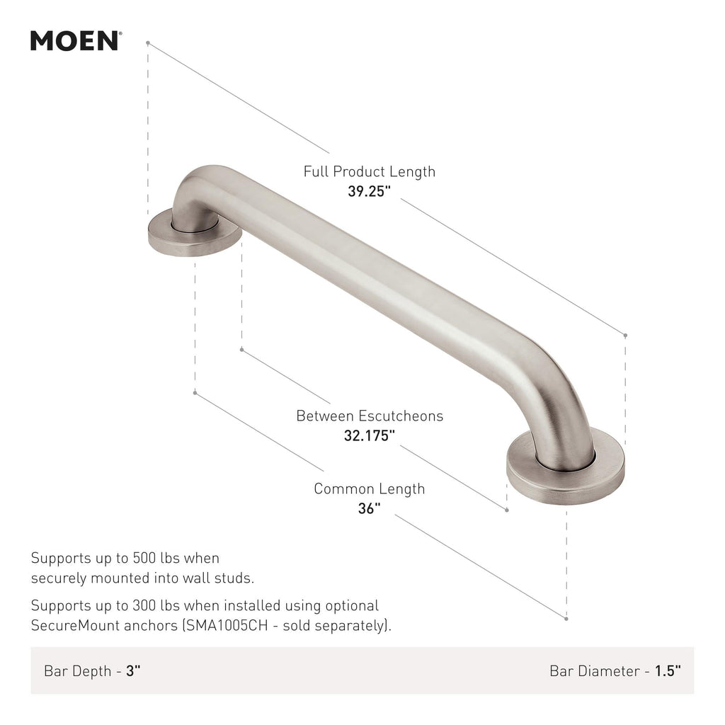 Moen Home Care Bathroom Safety 36 Inch Stainless Steel Handicap Grab Bar for Bathtub and Shower, Peened Texture for Grip, Elderly Assistance Product with Concealed Screws, R8936P