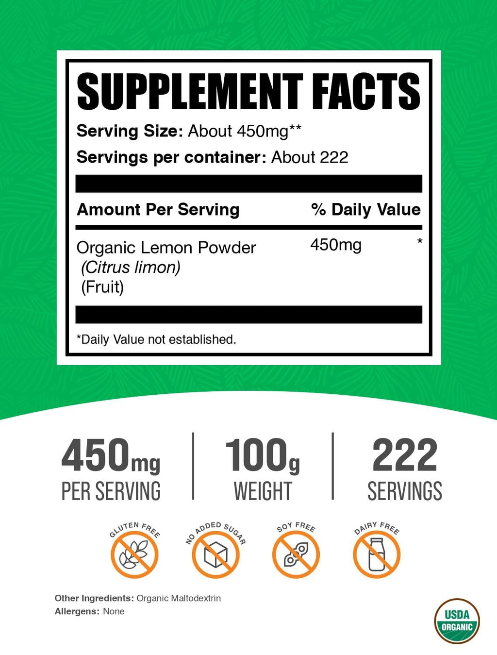 BulkSupplements.com Organic Lemon Powder - Natural Vitamin C Source, Fruit Powder, Lemon Flavoring - Gluten Free, 450mg per Serving, 100g (3.5 oz) (Pack of 1)