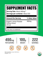 BulkSupplements.com Organic Lemon Powder - Natural Vitamin C Source, Fruit Powder, Lemon Flavoring - Gluten Free, 450mg per Serving, 100g (3.5 oz) (Pack of 1)