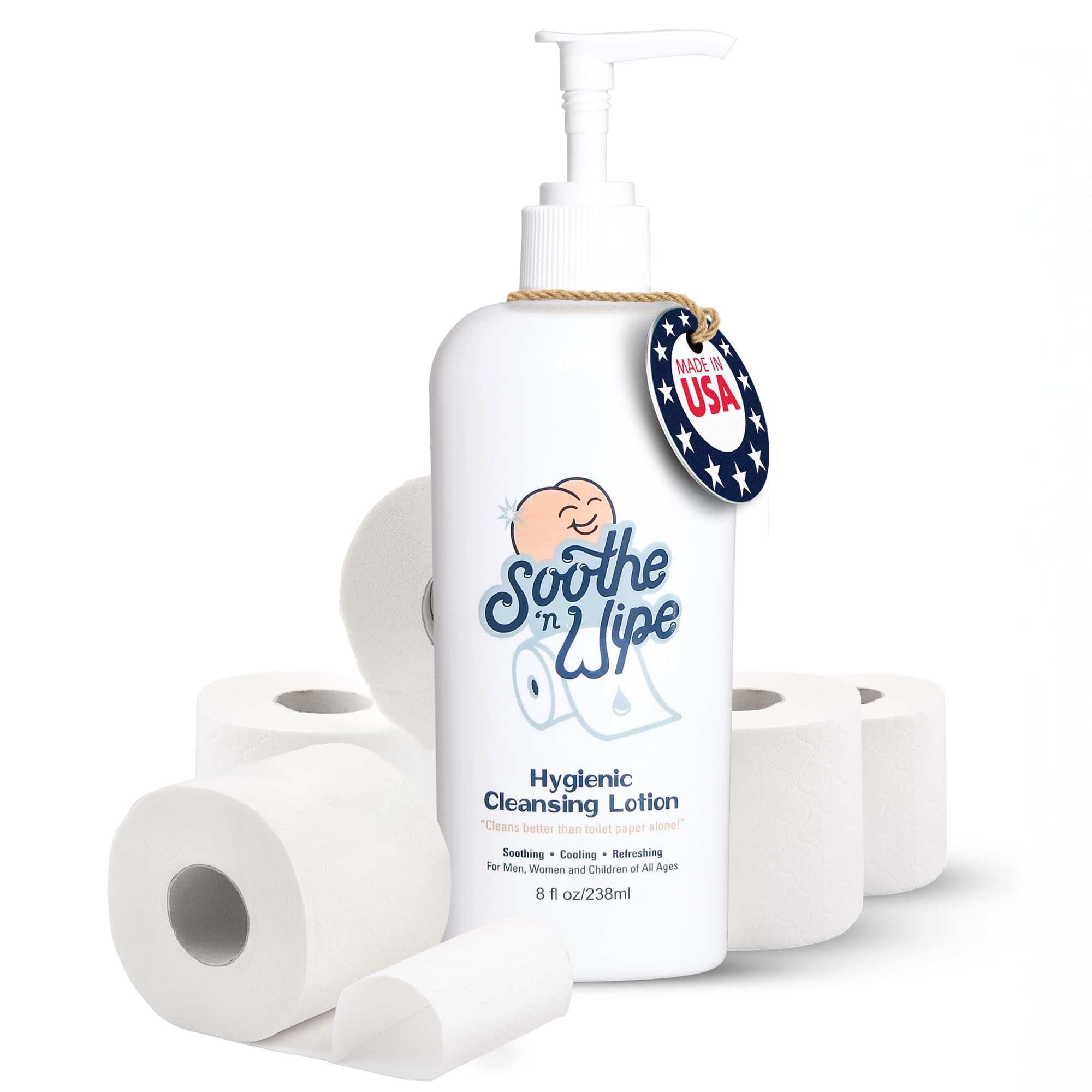 SOOTHE 'N WIPE Hygienic Cleansing Lotion – Toilet Sanitizer Paper Moisturizer with Aloe & Mineral Oil, Flushable Wipe Alternative Cleaning Lotion, Septic Safe Personal Bathroom Hygiene Pump, 8 Oz