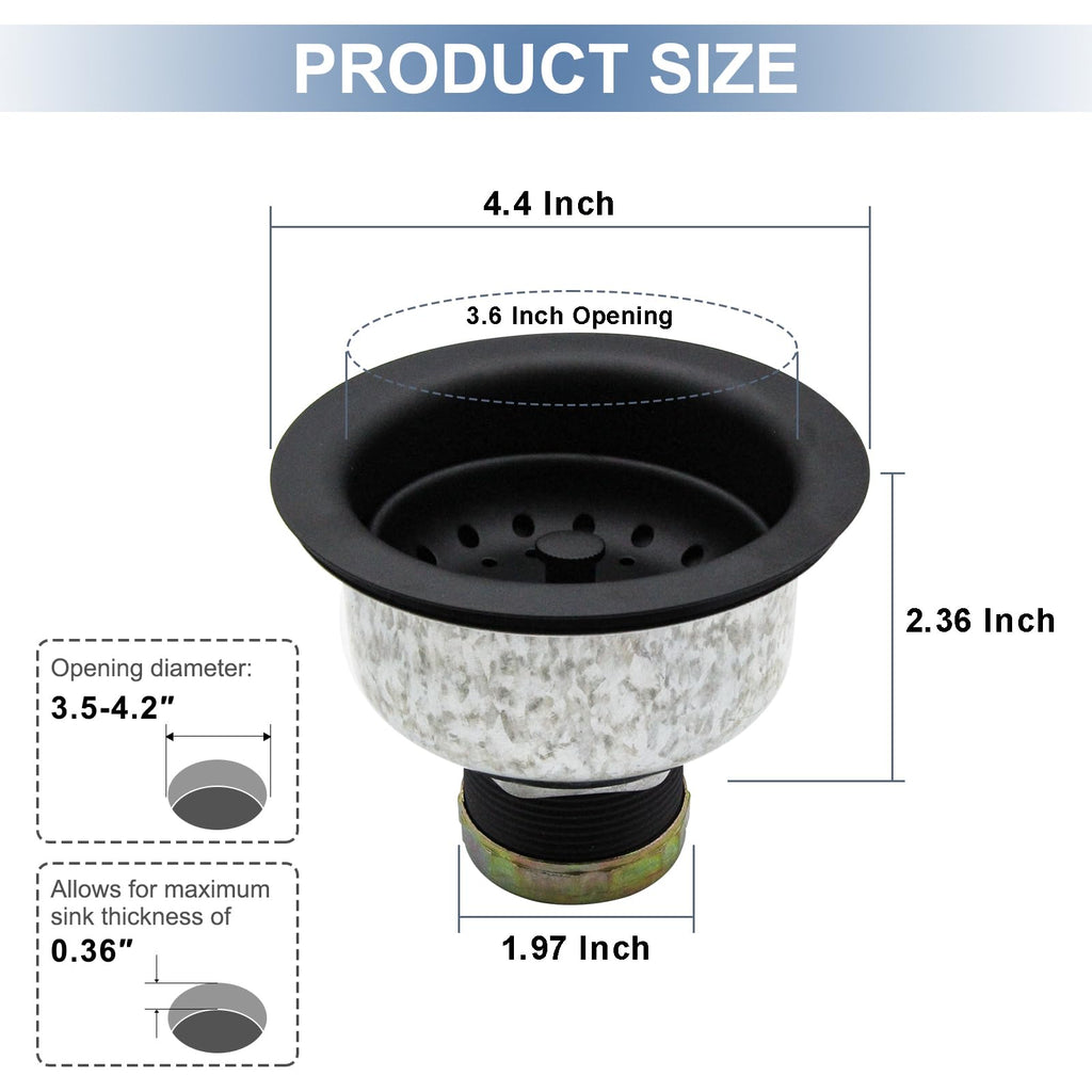 ZM Kitchen Sink Stainless Steel Deep Locking Basket Strainer with Drain Assembly,Black, 3-1/2 Inch Sink Drain Stopper Plug